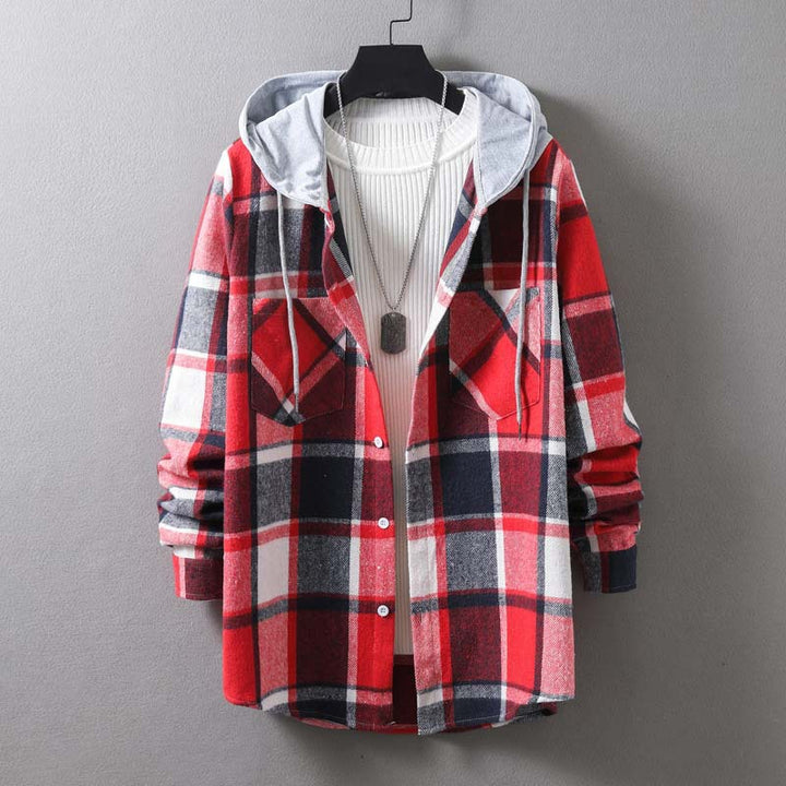 Men's casual check jacket with hood and functional pockets Lisslune