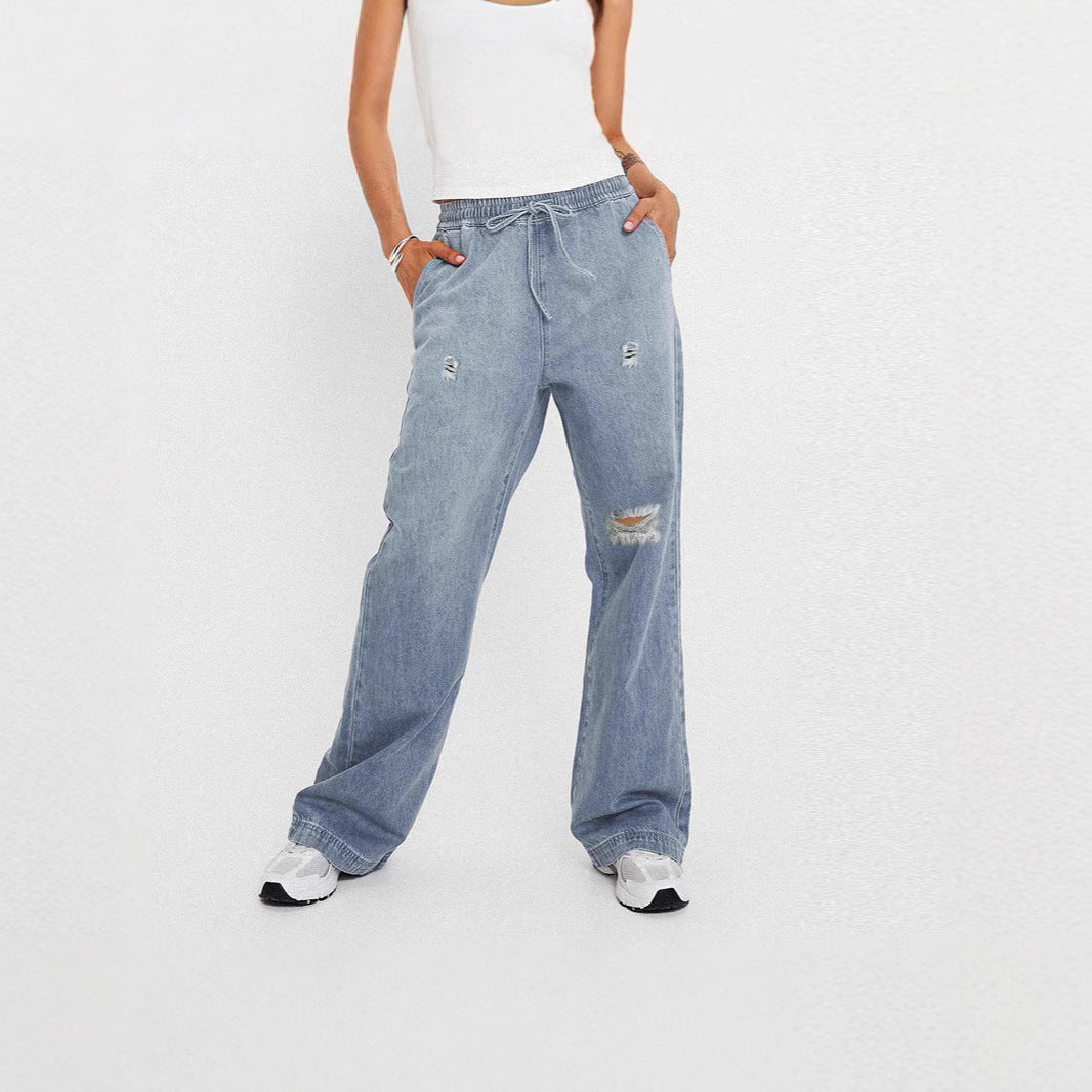 Women's casual wide denim pants with elastic waistband Lisslune