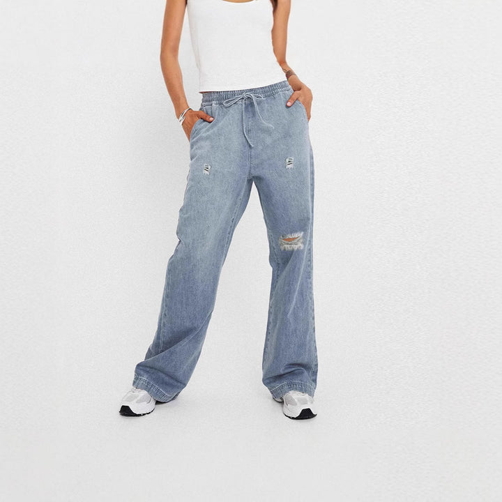 Women's casual wide denim pants with elastic waistband Lisslune