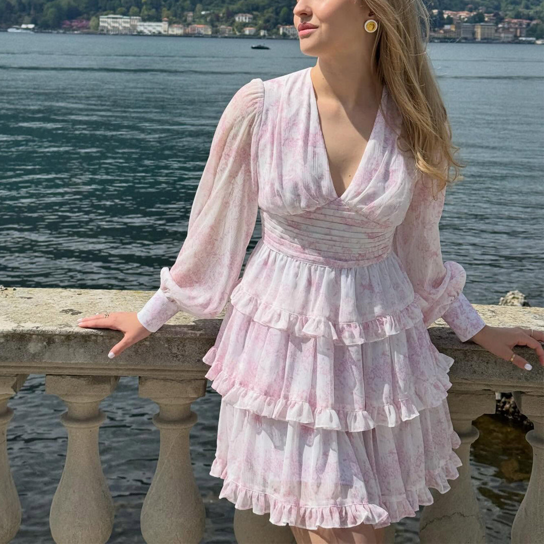 Women's romantic ruffle detail dress with deep V-neck and long sleeve Lisslune