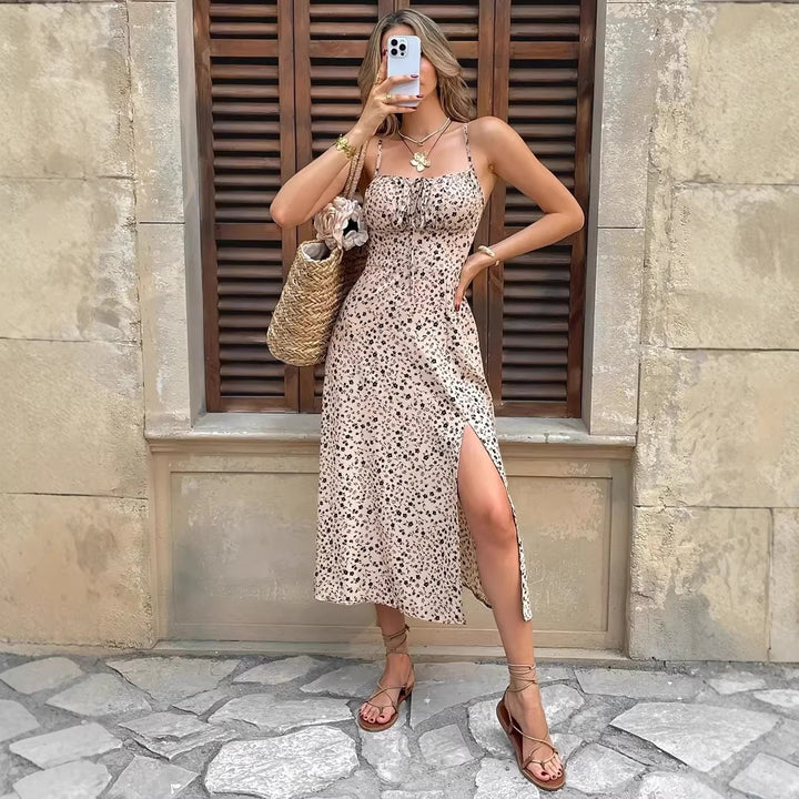 Women's summer maxi dress with adjustable spaghetti straps and side slit Lisslune