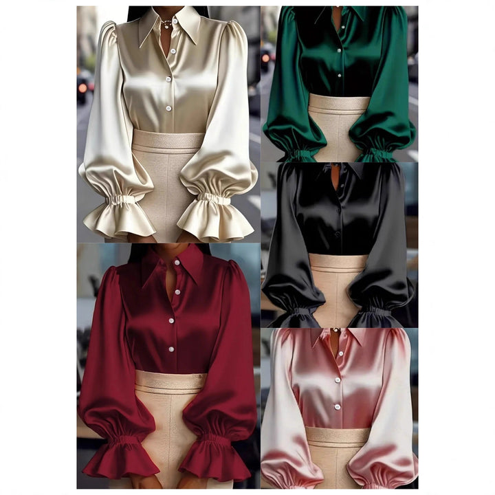 Damen elegante Seidenbluse mit Puffärmeln und schicker Knopfleiste Lisslune