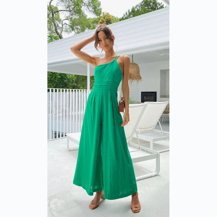 Women's jumpsuit in fashionable wrap design with wide leg and off-shoulder cut