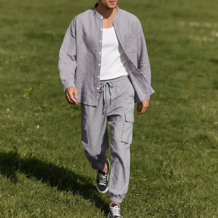 Men's Casual Linen Set with Button-Up Shirt and Cargo Pants Lisslune