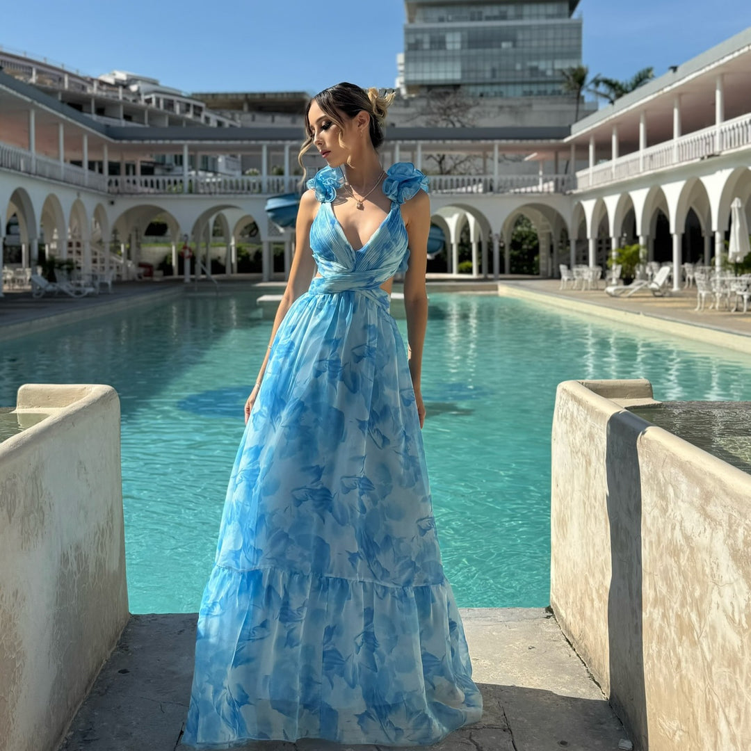 Women's maxi dress with airy ruffle details and extravagant wrap design