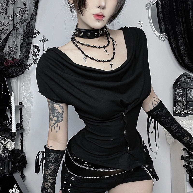 Ladies fitted drape shirt with elegant button design and asymmetrical hem Lune London