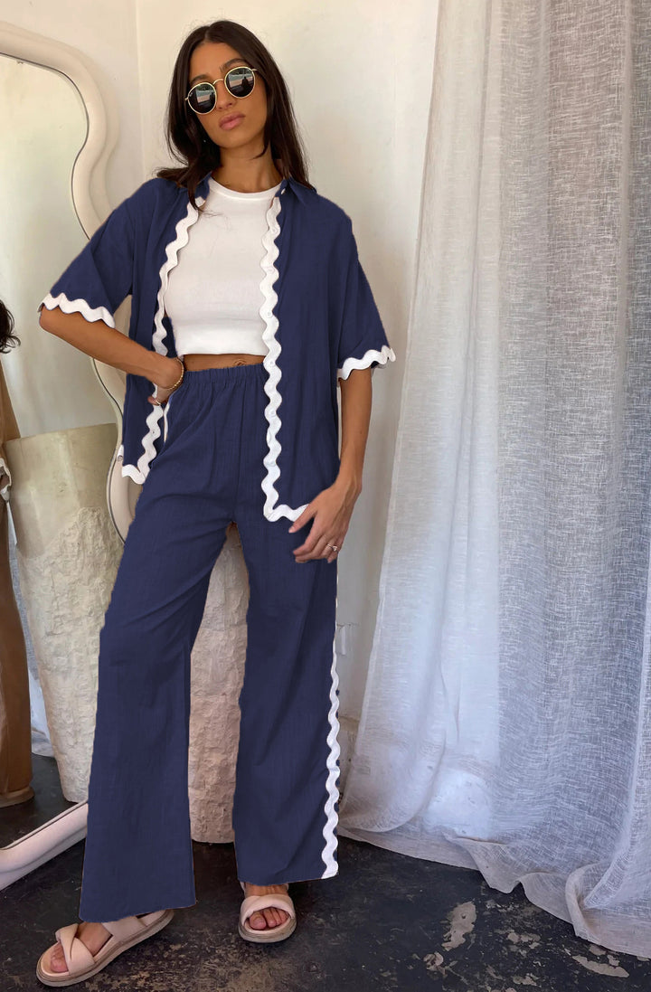 Women's two-piece set with fresh linen fabric and decorative wavy hem