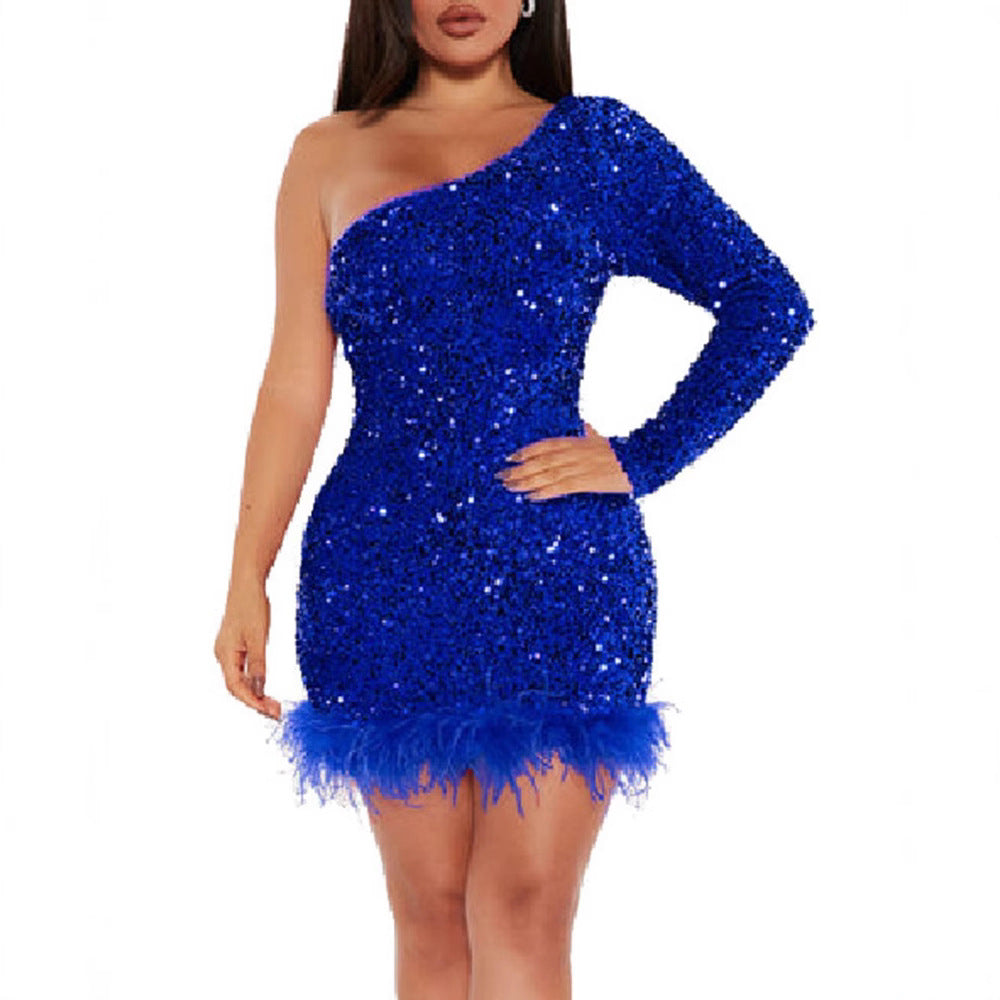 Women's Sparkling Party Dress with Asymmetric Cut and Feather Details Lisslune