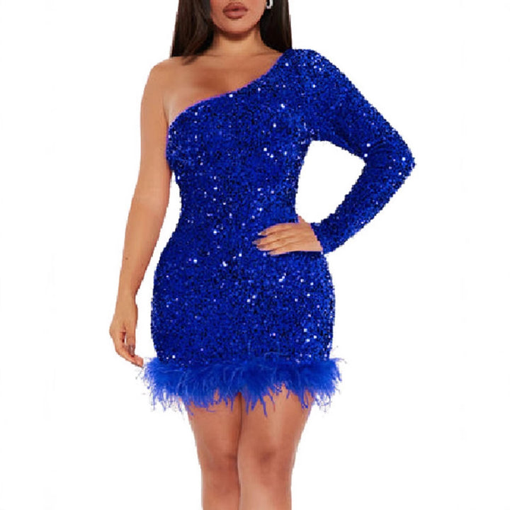 Women's Sparkling Party Dress with Asymmetric Cut and Feather Details Lisslune