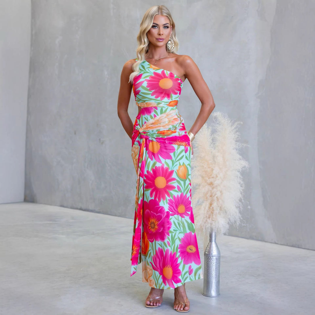 Women’s wrap maxi dress with asymmetric strap and floral accents Lune London