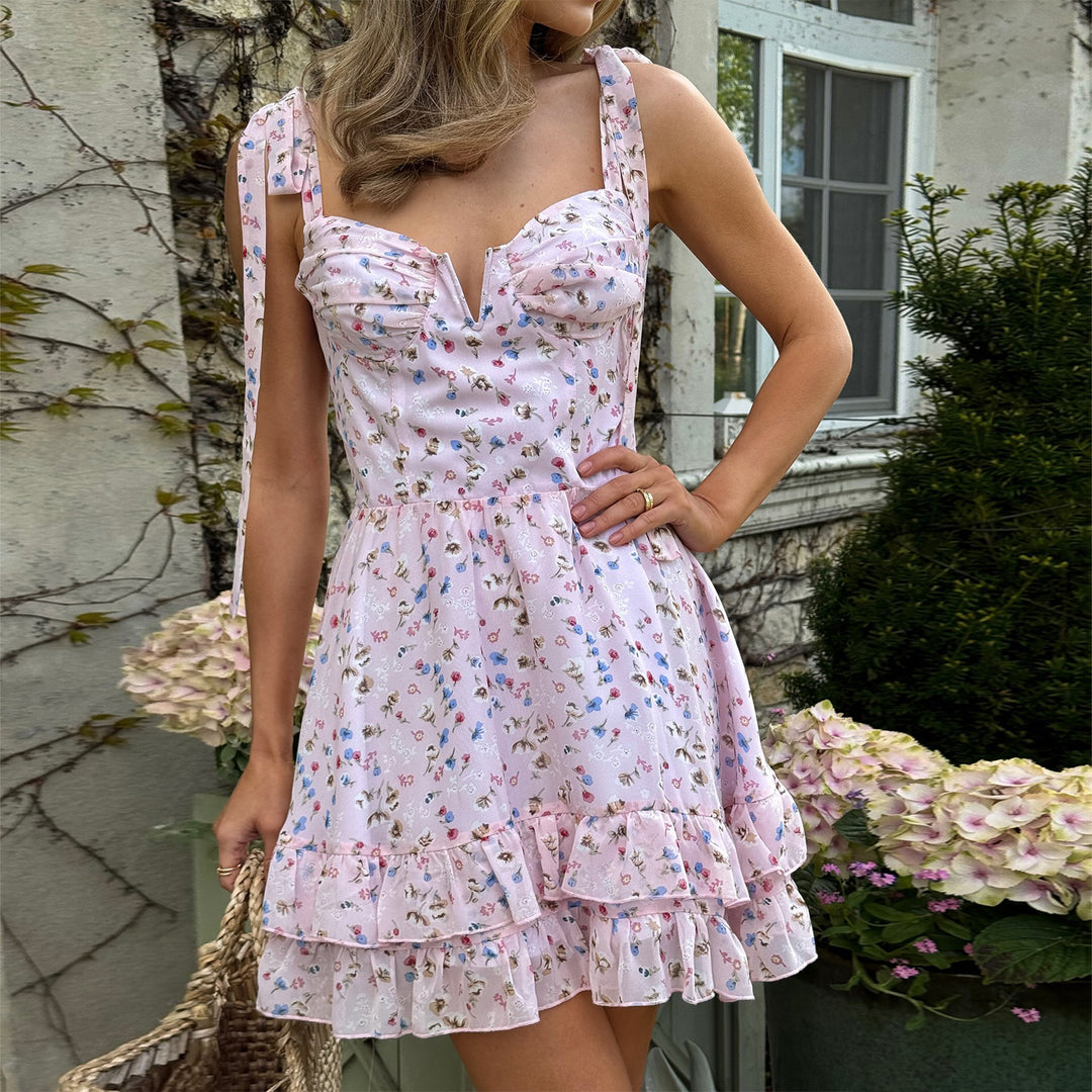 Ladies flower pattern mini dress with delicate ruffle details and adjustable straps Lisslune