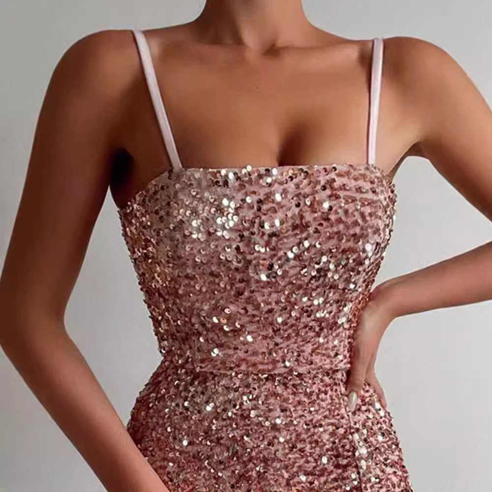 Women's Glamorous Sequin Dress with Slits and Spaghetti Straps Lisslune