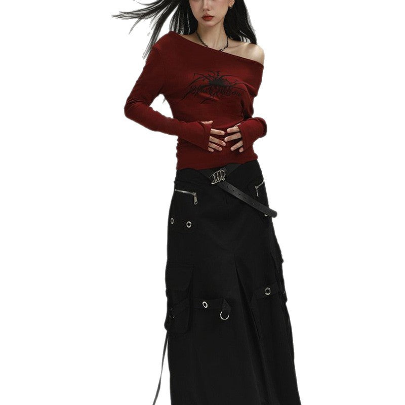 Women's long sleeve shirt with asymmetric neckline and graphic print