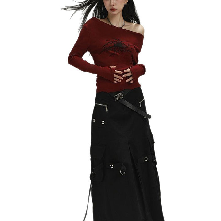 Women's long sleeve shirt with asymmetric neckline and graphic print