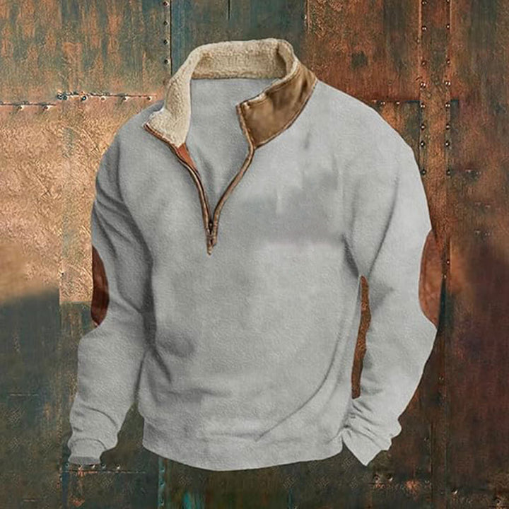 Men's sporty fleece pullover with contemporary stand-up collar and fashionable synthetic leather applications Lisslune
