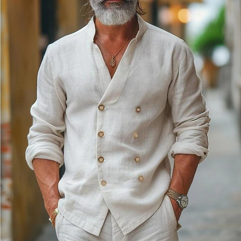Men's linen shirt with double button placket and trendy standing collar Lisslune