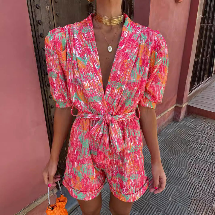 Women Elegant Jumpsuit with Deep V-Neck and Buttonable Belt Lisslune