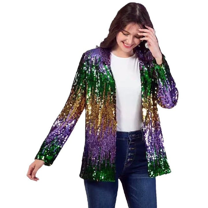 Women's Glittering Sequin Jacket with Open Cut and Long Sleeve Lisslune
