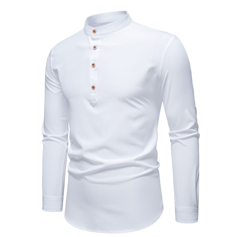 Men's Long Sleeve Henley Shirt with Modern Stand-up Collar and Decorative Buttons Lisslune