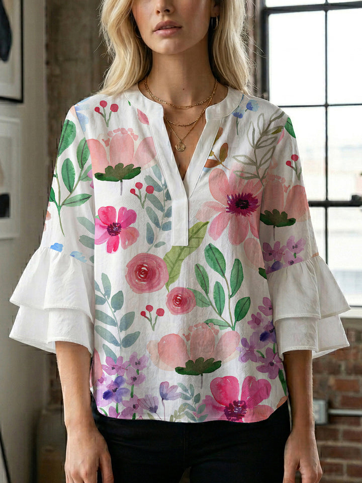 Ladies elegant top with voluminous ruffle hems and floral design Lisslune