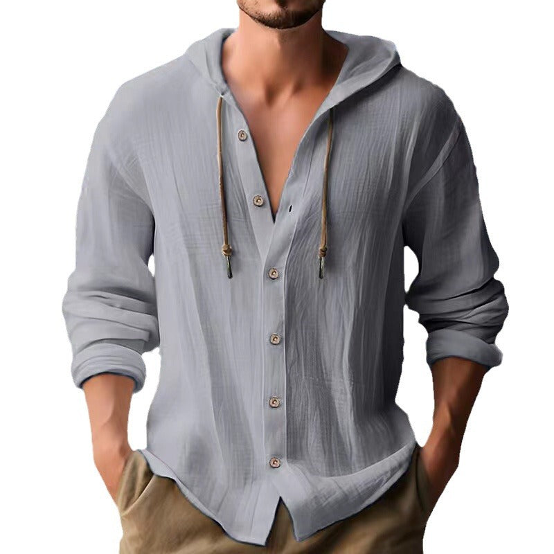 Men's casual hoodie shirt with button placket and drawstring Lisslune