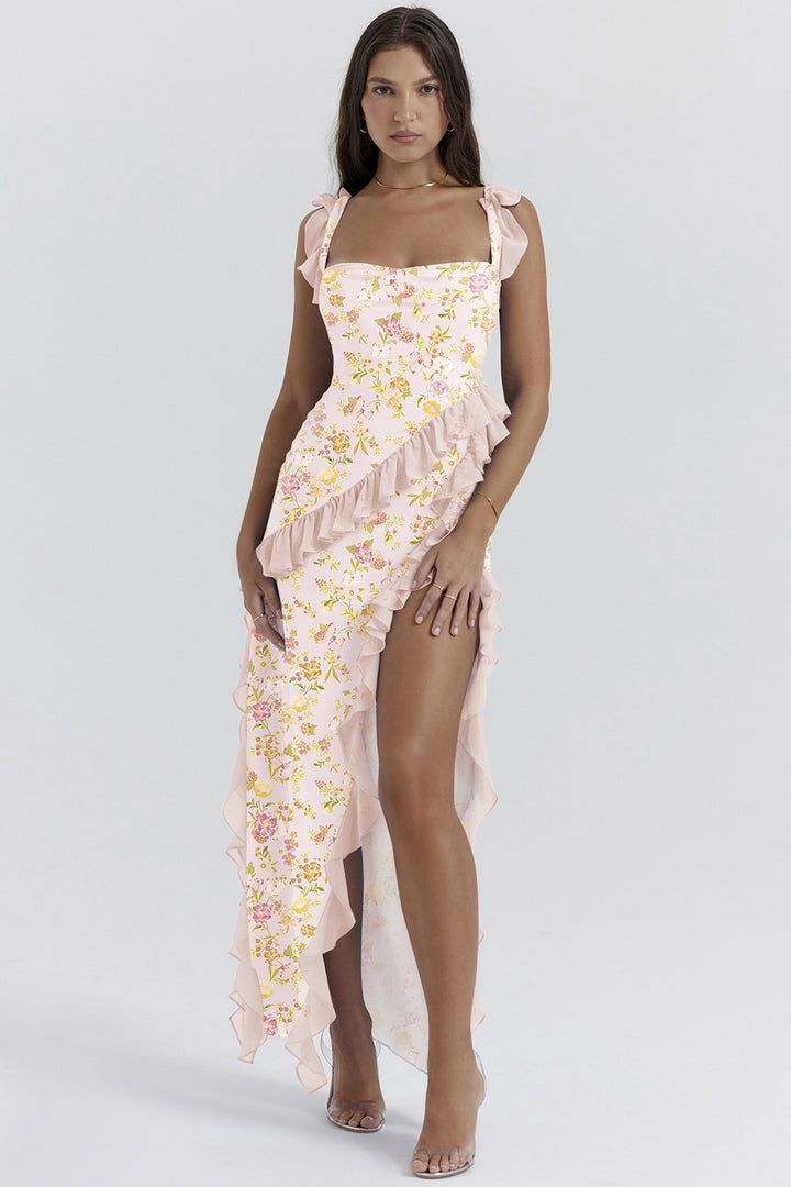 Women's Maxi Dress with Ruffle Details and Floral Design