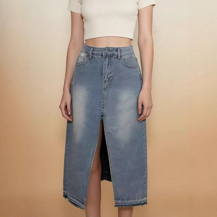 Women's Midi Denim Skirt with High Slit and Frayed Hem Lisslune