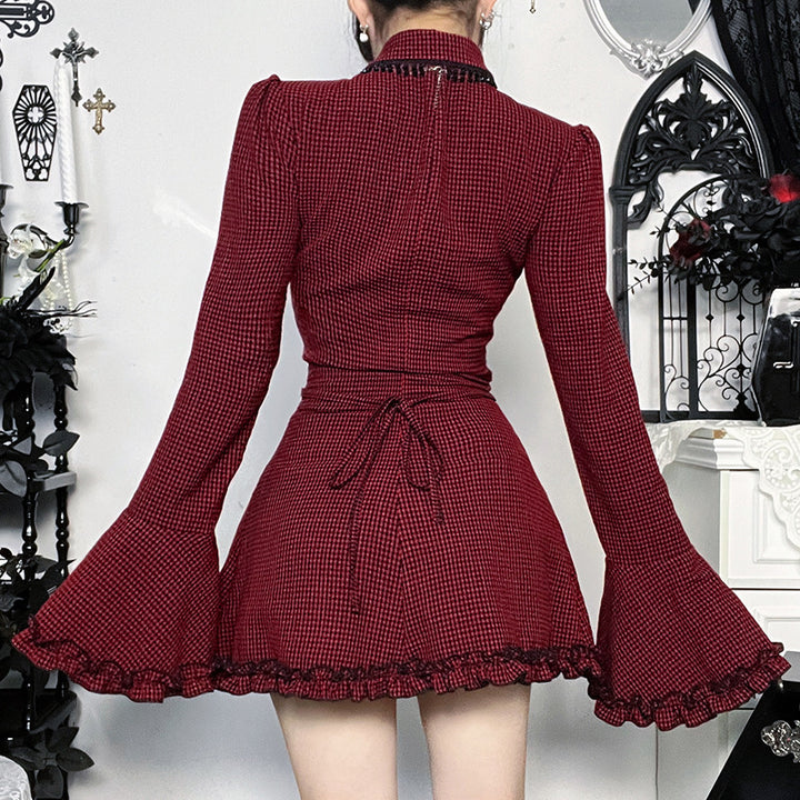 Ladies chic mini dress with ruffled sleeves and decorative collar Lune London