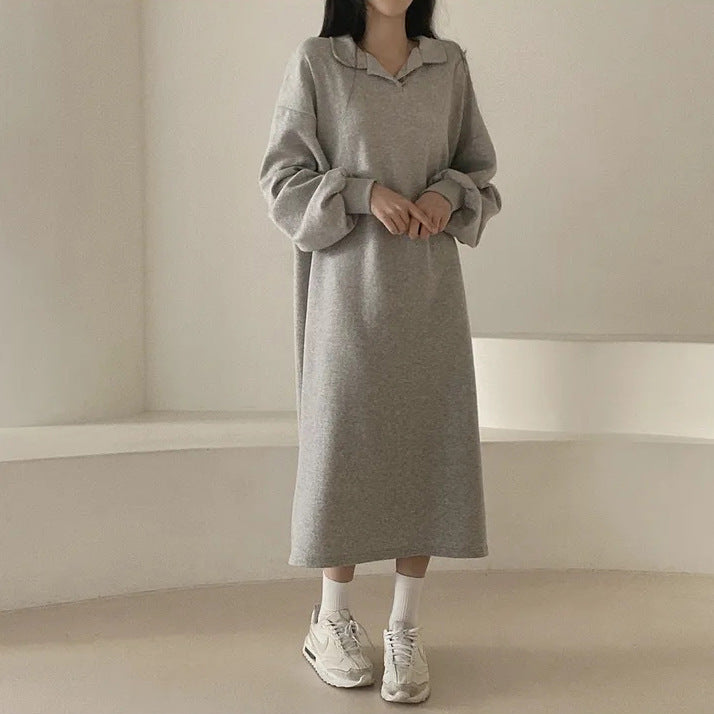Women elegant hoodie dress with casual puff sleeves and side slit