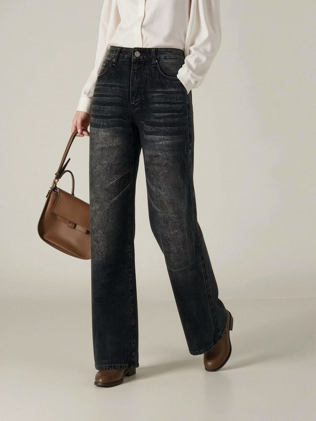 Damen weite High-Waist Jeans mit einzigartiger Textur Lisslune