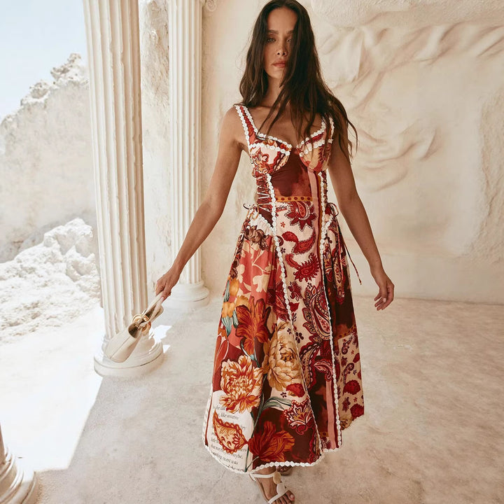 Women's midi-maxi dress with playful patchwork design and ruffle details