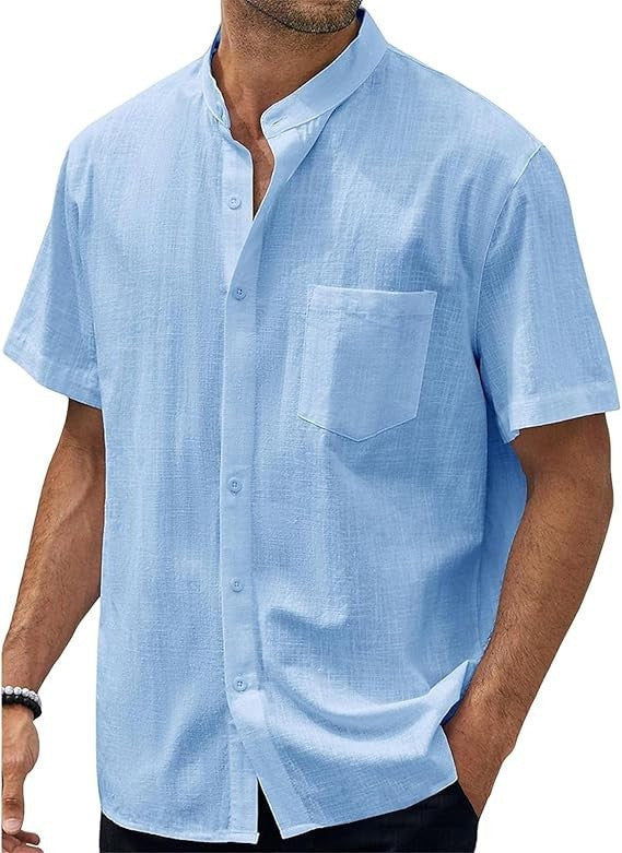 Men's short-sleeve shirt with modern standing collar and practical chest pocket Lisslune 1759193085