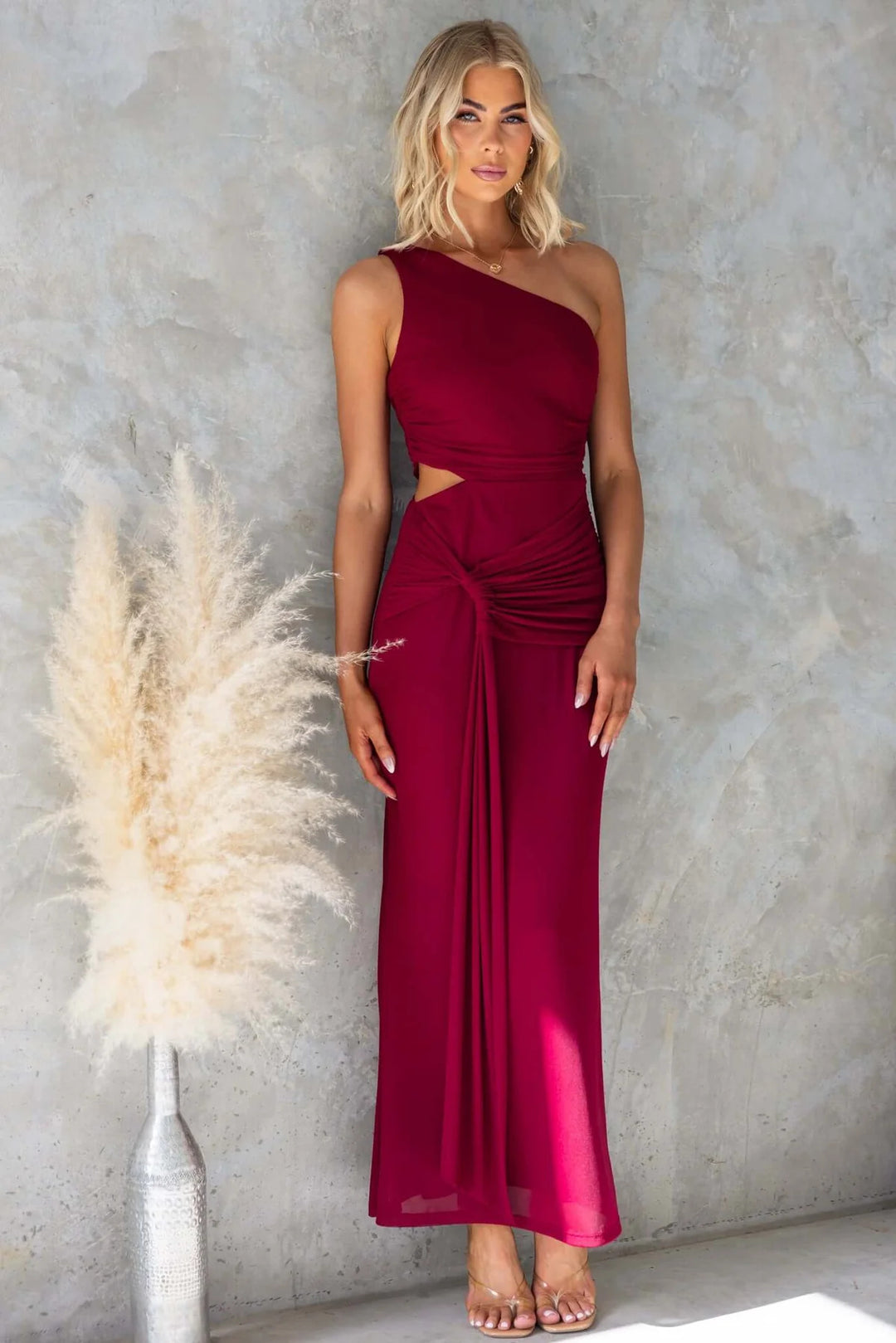 Women Elegant Evening Dress with Asymmetrical Neckline and Ruching Lune London
