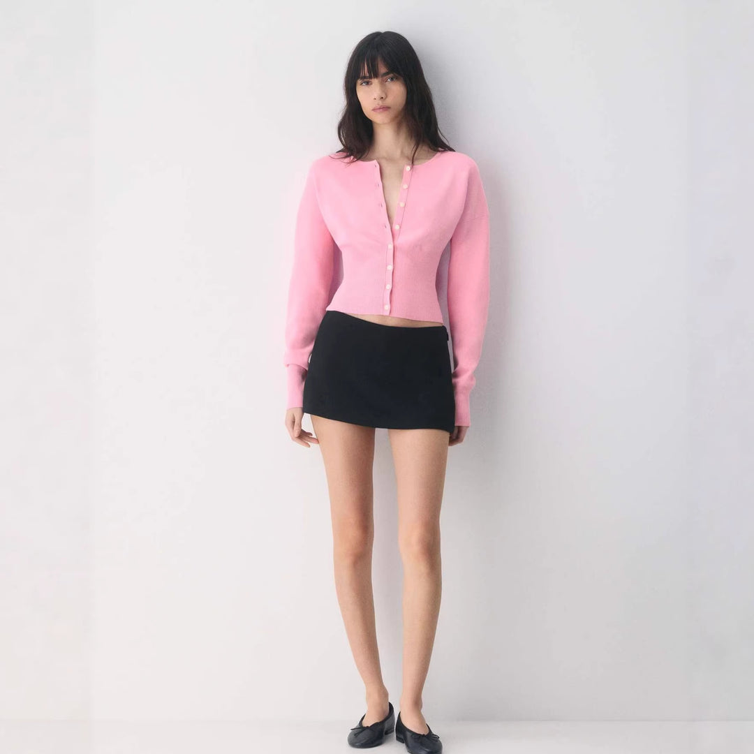 Women's Cropped Cardigan with Button Placket and Ribbed Knit Lisslune