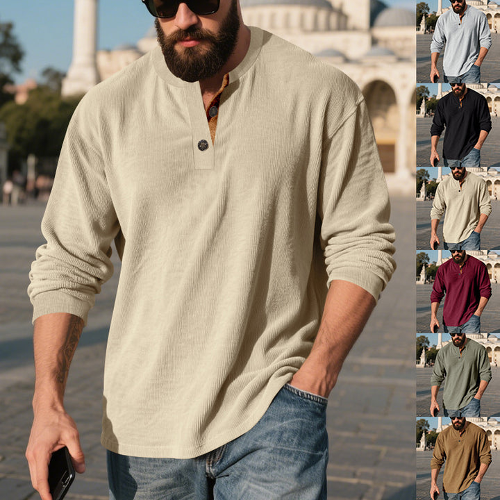 Men's long-sleeve shirt with textured ribbed look and fashionable button placket detail Lisslune