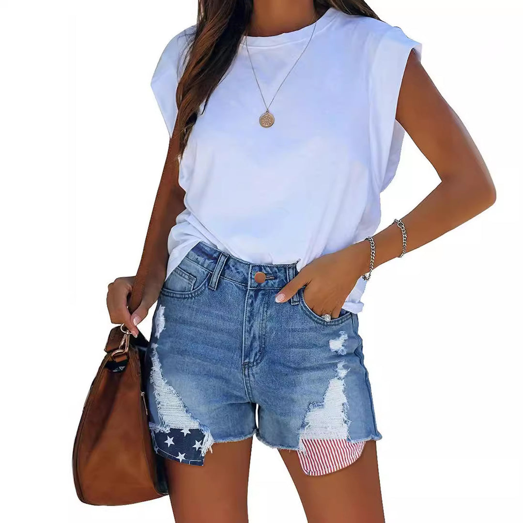Women's Destroyed Denim Shorts with Creative Patch Details Lisslune