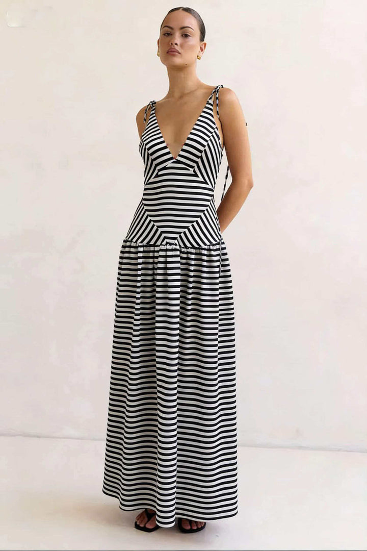 Women's maxi dress with deep V-neck and modern striped pattern Lune London