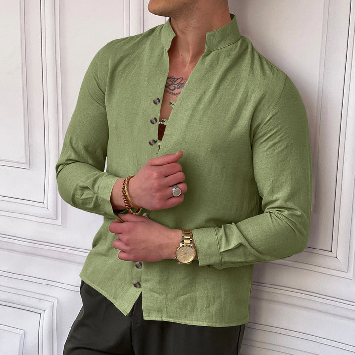 Men's fashionable long-sleeve shirt with button placket and stylish stand-up collar Lisslune