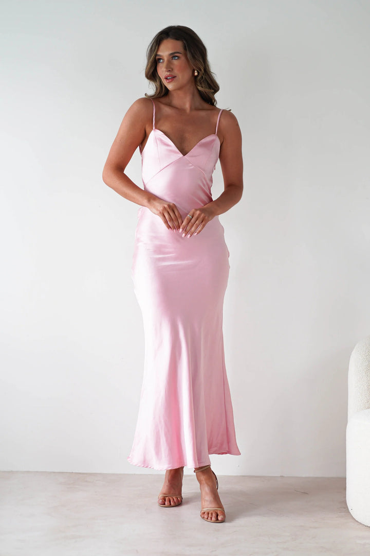 Ladies Satin Maxi Dress in elegant cut with narrow spaghetti straps Lune London