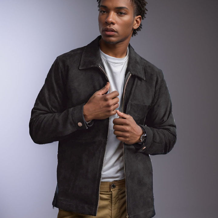 Men's casual suede jacket with practical slip pockets and stand-up collar Lisslune