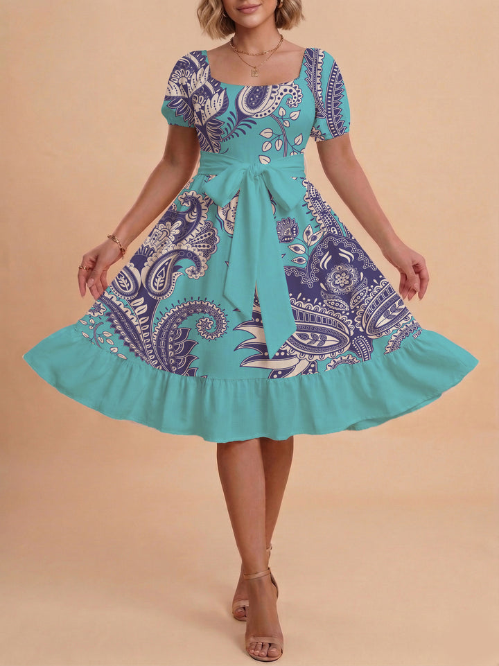 Women's elegant maxi dress with floral design and waist belt Lisslune