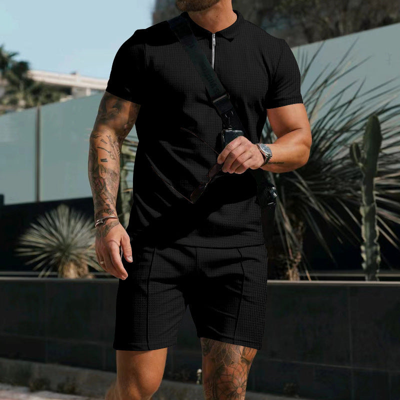 Men's sporty short-sleeve shirt with zipper and matching shorts Lisslune