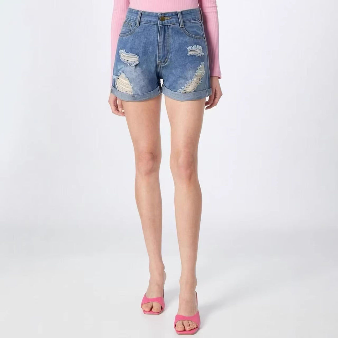 Women's Destroyed Denim Shorts with High Waist and Stylish Fringe Look Lisslune