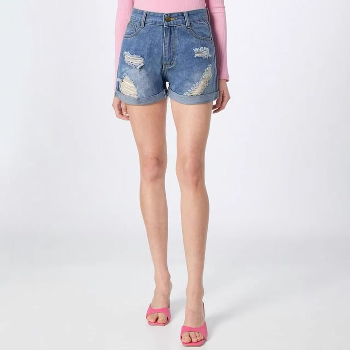 Women's Destroyed Denim Shorts with High Waist and Stylish Fringe Look Lisslune