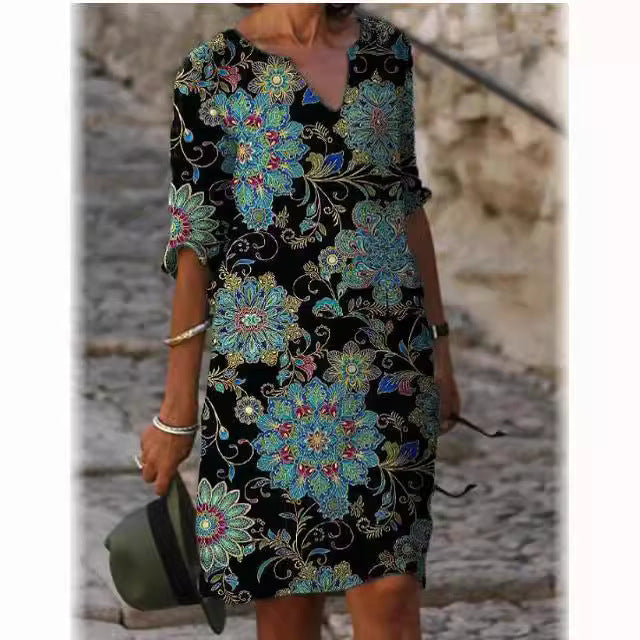 Ladies luxurious V-neck dress with floral design and short sleeve Lisslune
