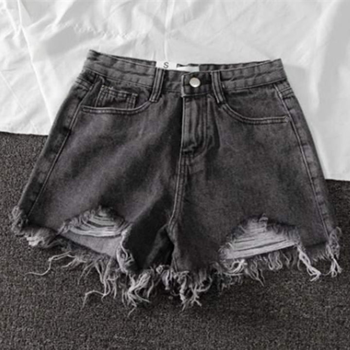 Women's Destroyed Denim Shorts with High Waist and Frayed Hem