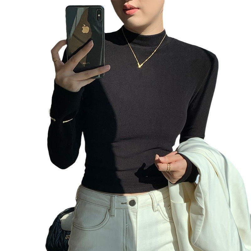 Women's Long Sleeve Crop Top with High Collar and Fitted Cut
