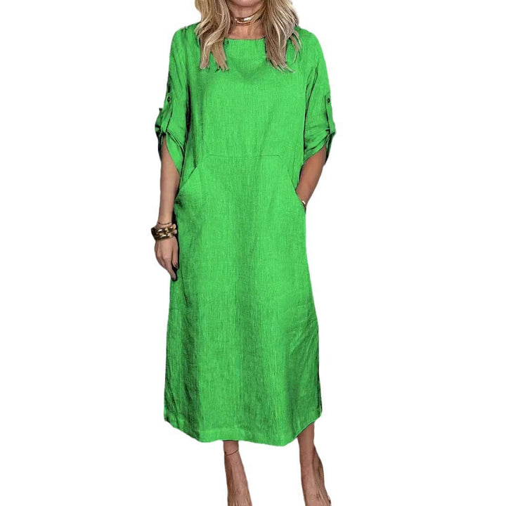 Women Casual Linen Midi Dress with Side Pockets and Roll-Up Sleeves Lisslune