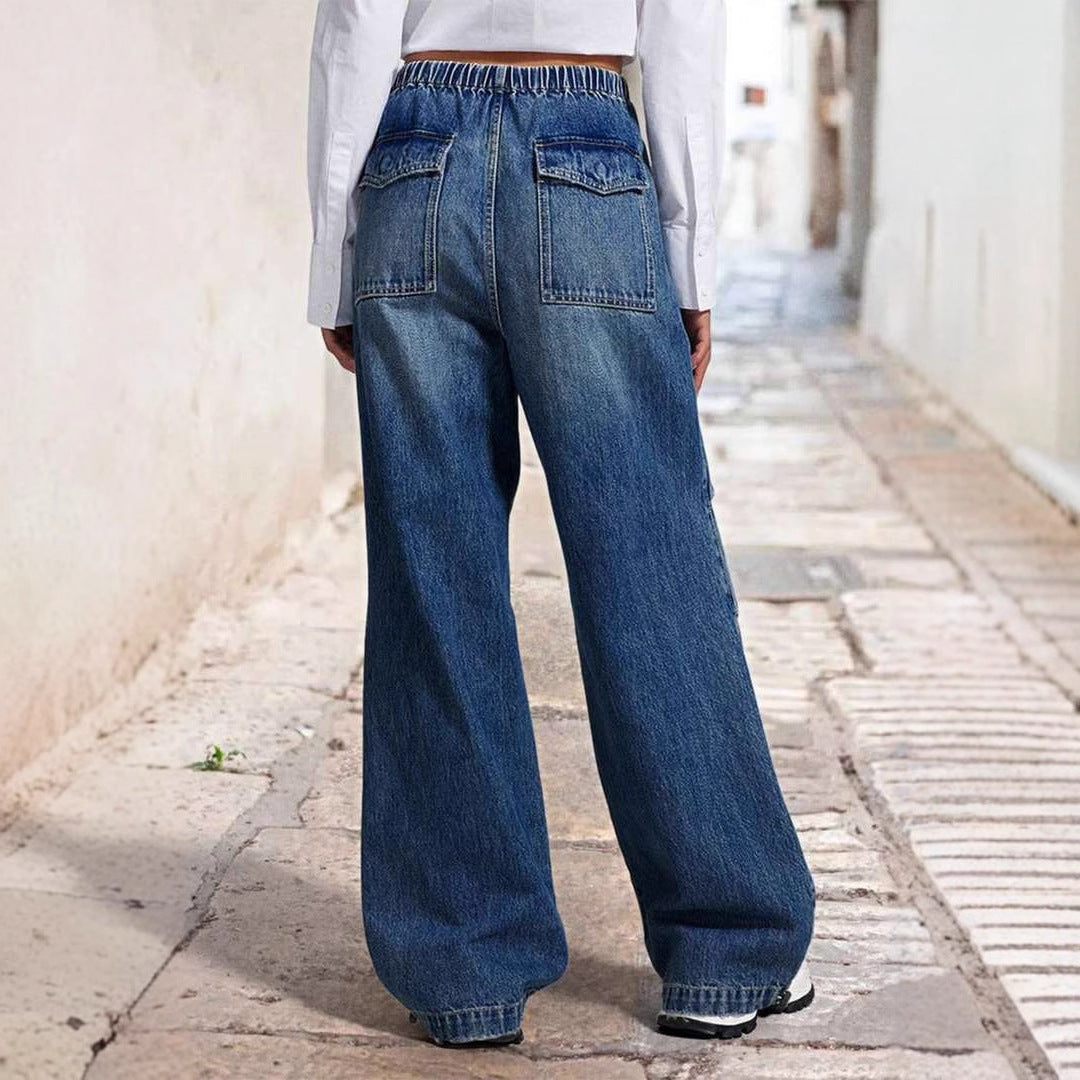 Women's Wide Denim Pants with Elastic Waist and High Pockets Lisslune