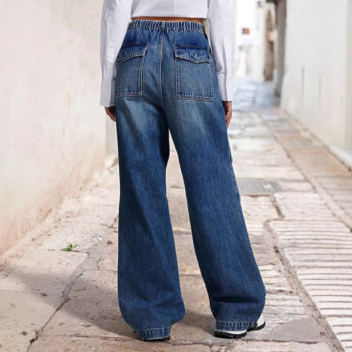 Women's Wide Denim Pants with Elastic Waist and High Pockets Lisslune